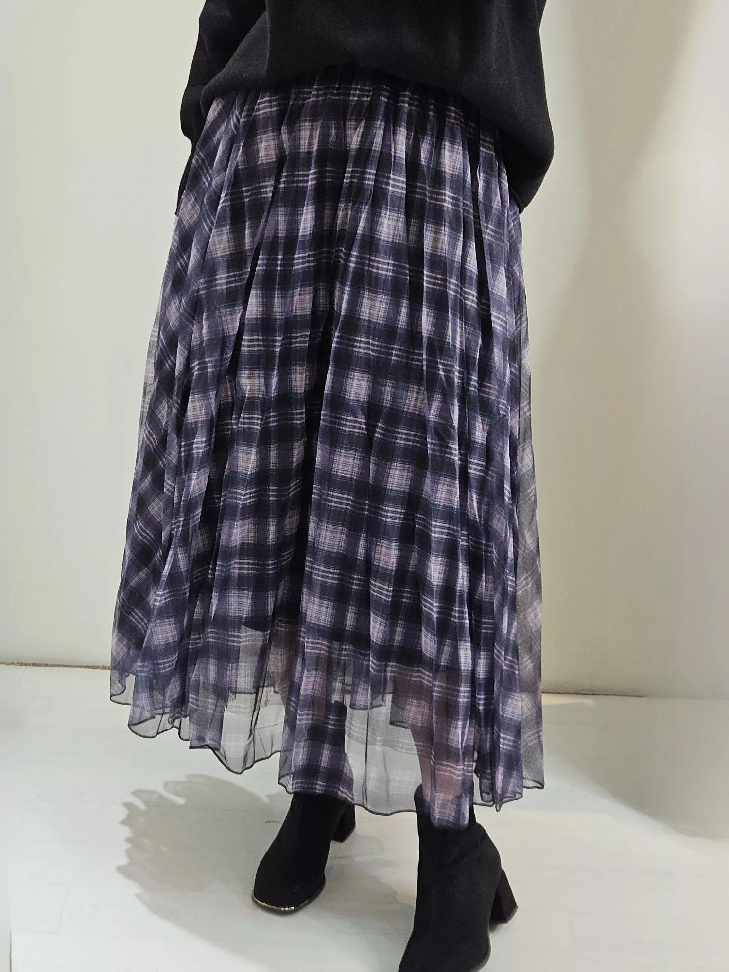 漫步雲端不規則格紋疊合紗裙 (紫色/藍色/黑色)｜微透感仙氣長裙・多色可選