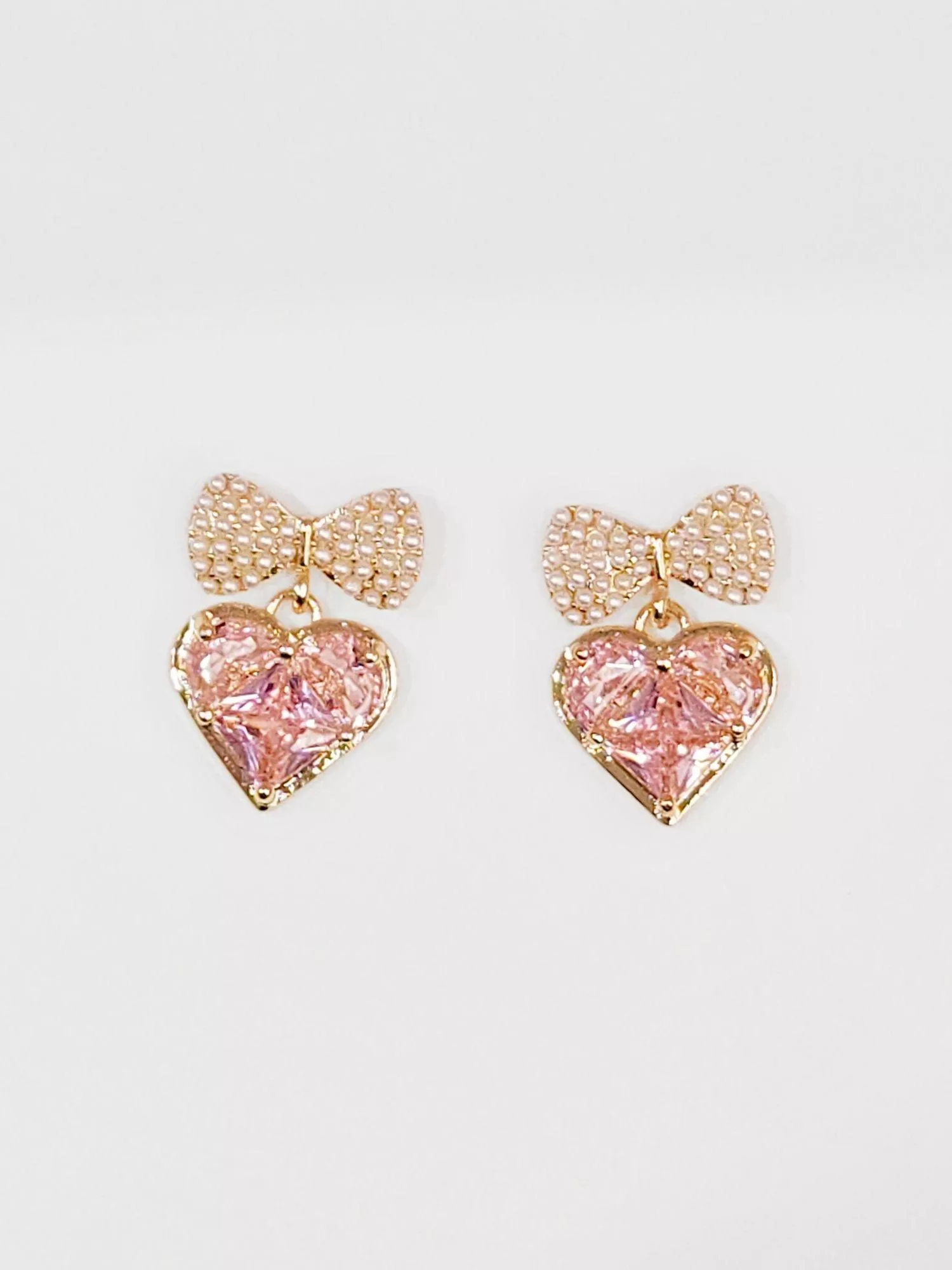 浪漫粉鑽愛心蝴蝶結耳環｜約會必勝閃耀首選