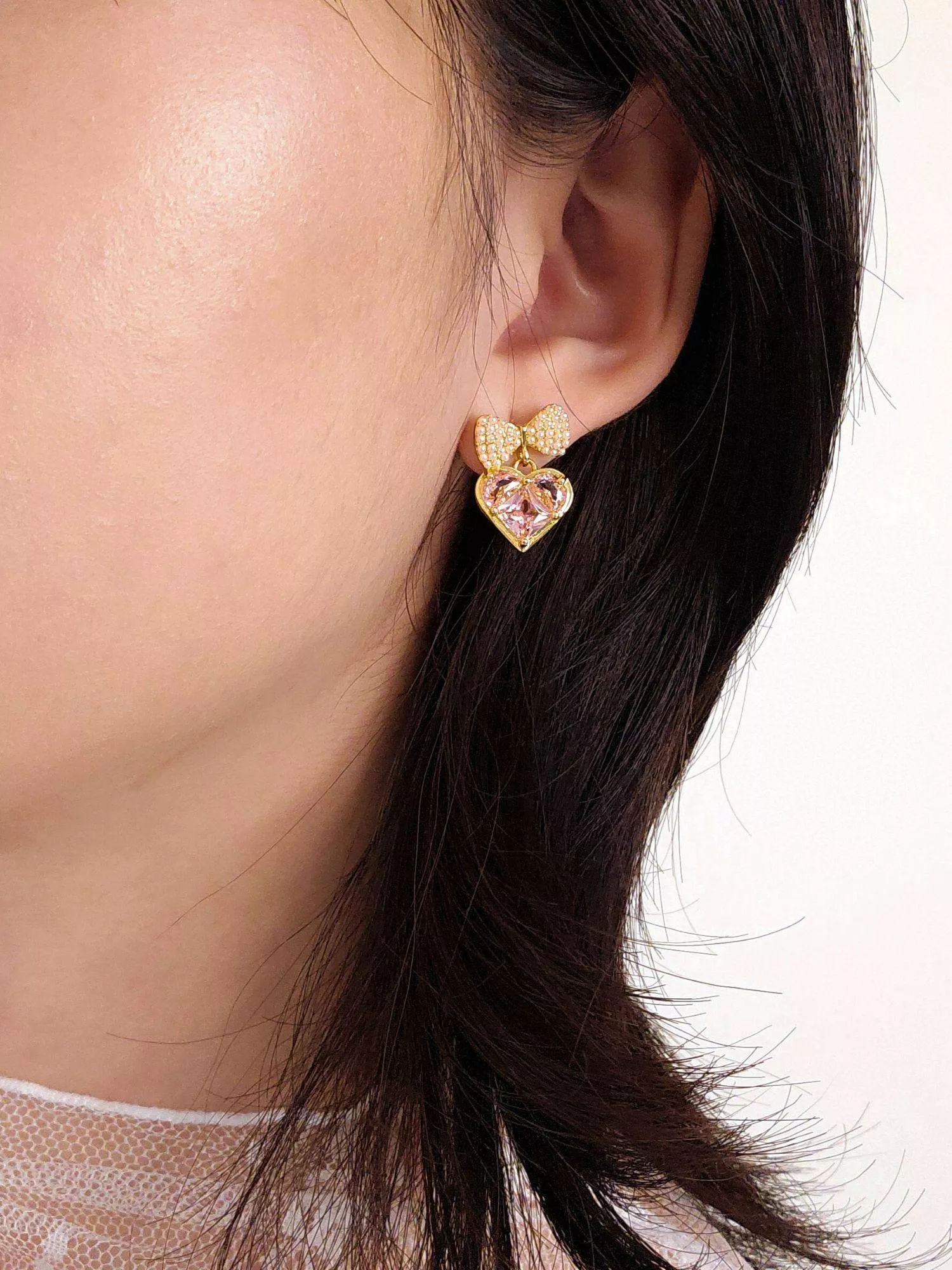 浪漫粉鑽愛心蝴蝶結耳環｜約會必勝閃耀首選