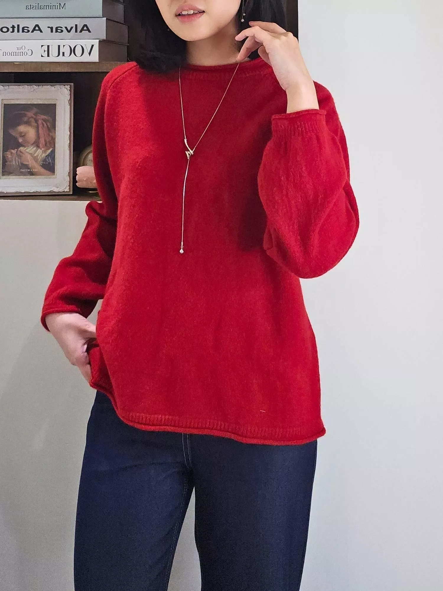 閒逸落肩圓領針織上衣｜過年紅上衣・法式慵懶日常