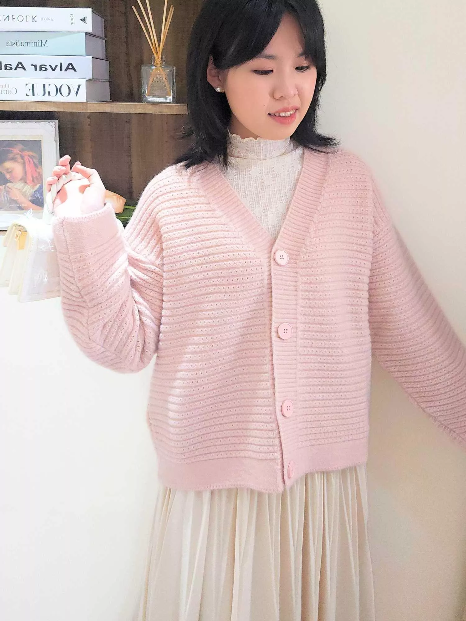 千層派橫紋 V 領針織外套 (粉紅/橘咖啡色)