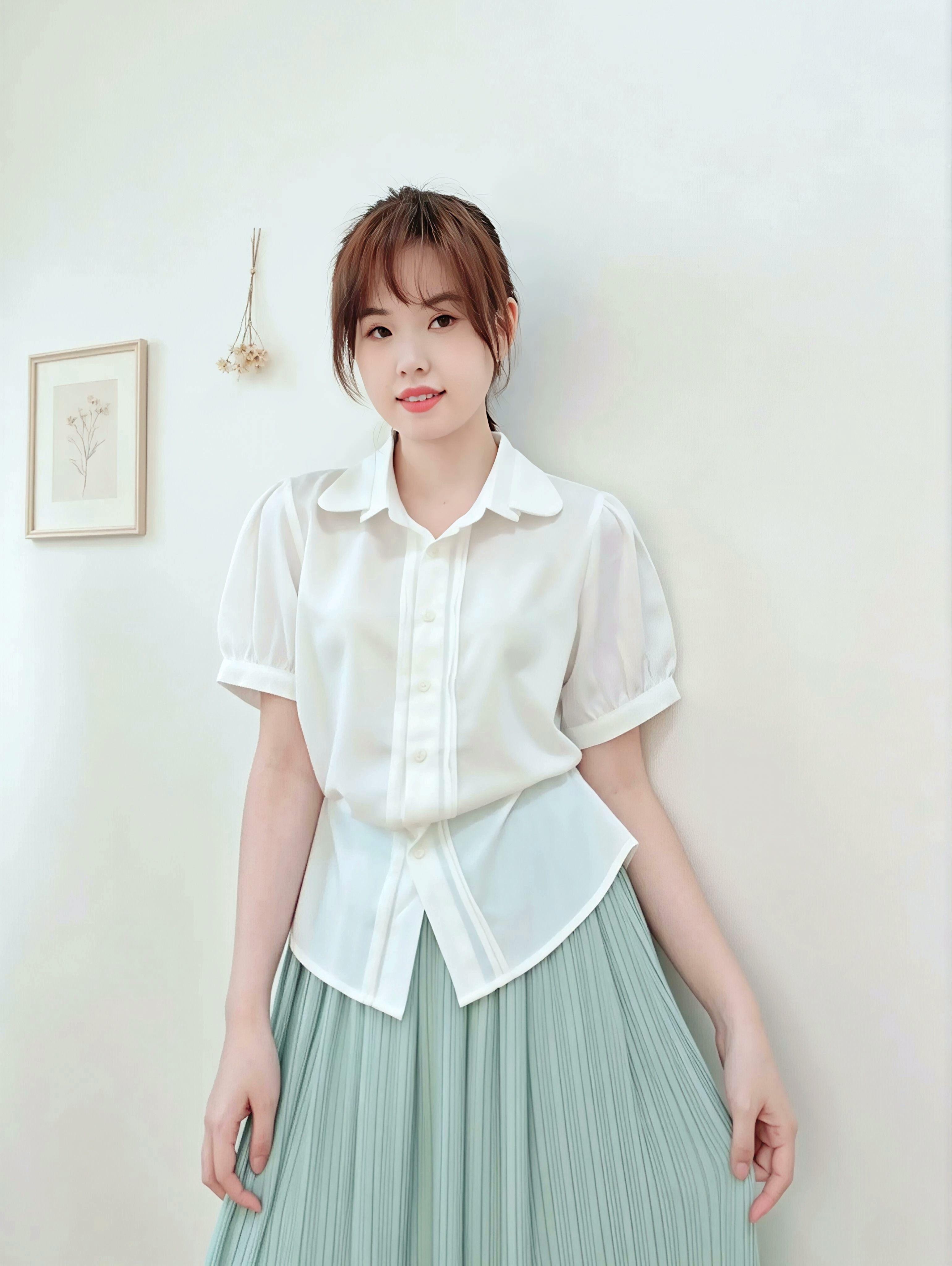 模特兒著法式壓褶白襯衫，展現日常優雅的知性風格