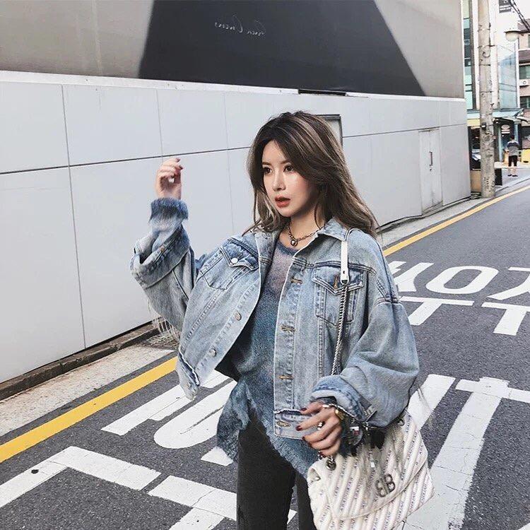 《MB高品質》時尚bf風蝙蝠袖流蘇短版夾克外套寬鬆毛邊牛仔外套