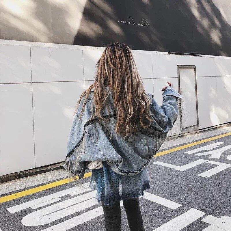 《MB高品質》時尚bf風蝙蝠袖流蘇短版夾克外套寬鬆毛邊牛仔外套
