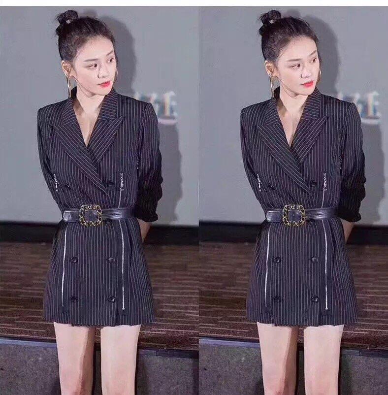 《超質量》歐美明星同款街拍條紋中長款西裝外套裙
