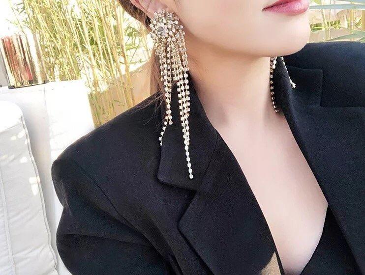晚宴party閃鑽拼色水鑽鍊流蘇耳環長款垂墜多層次耳環 夜店派對婚禮喜宴