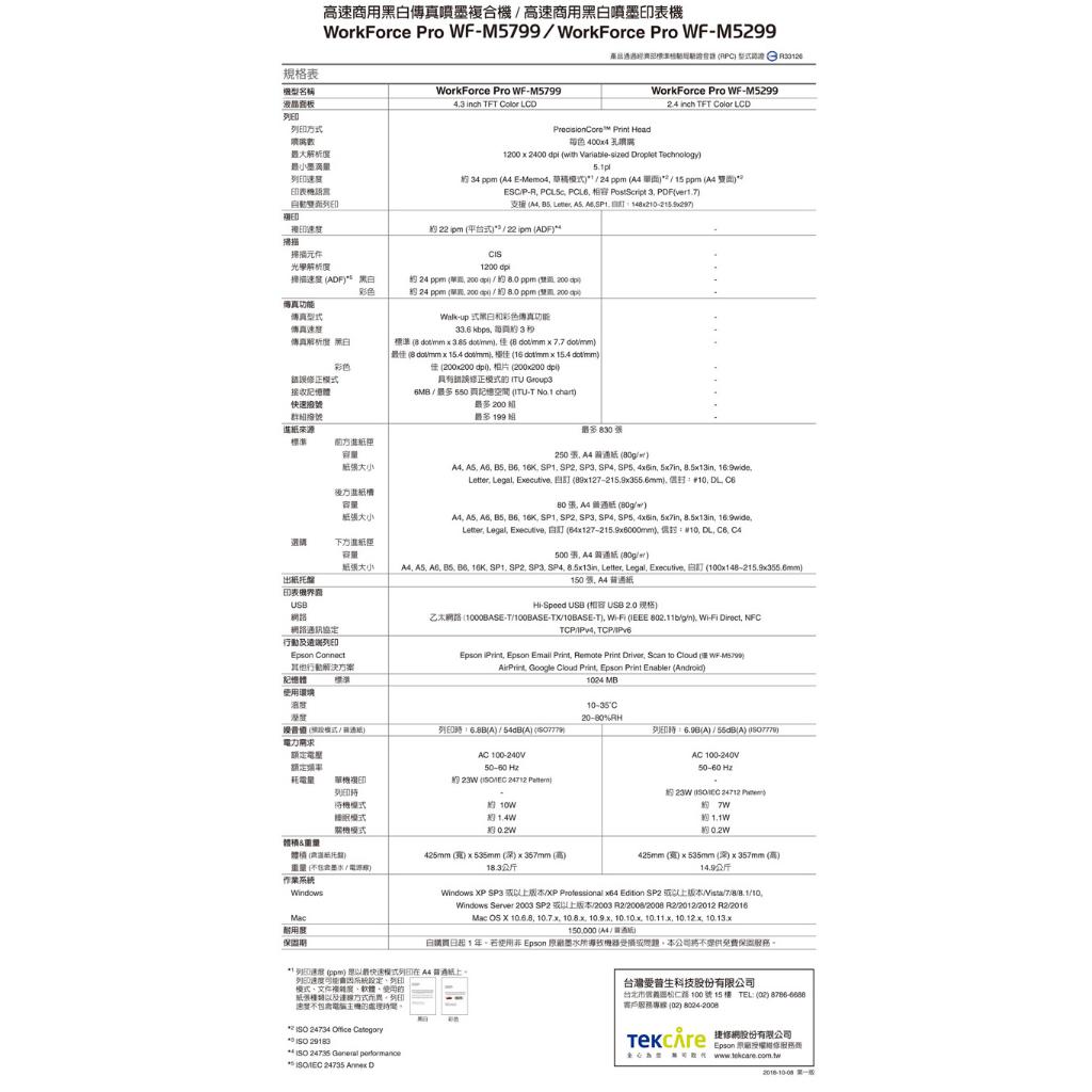 【預購】Epson WorkForce Pro WF-M5799 四合一黑白高速噴墨複合機全新原廠公司貨 送千元商品卡