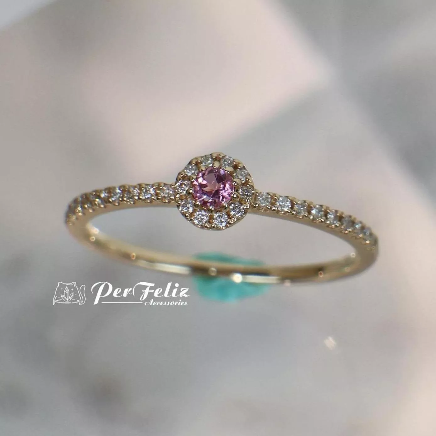 10K 粉碧璽+鑽石捧花戒