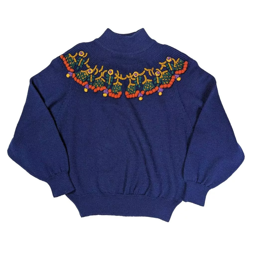 Vintage 日本藍色立體刺繡毛衣