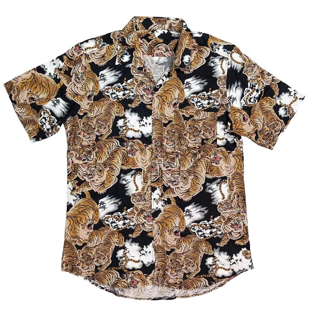 黑 百虎 和柄 日式圖紋 花襯衫 夏威夷衫
