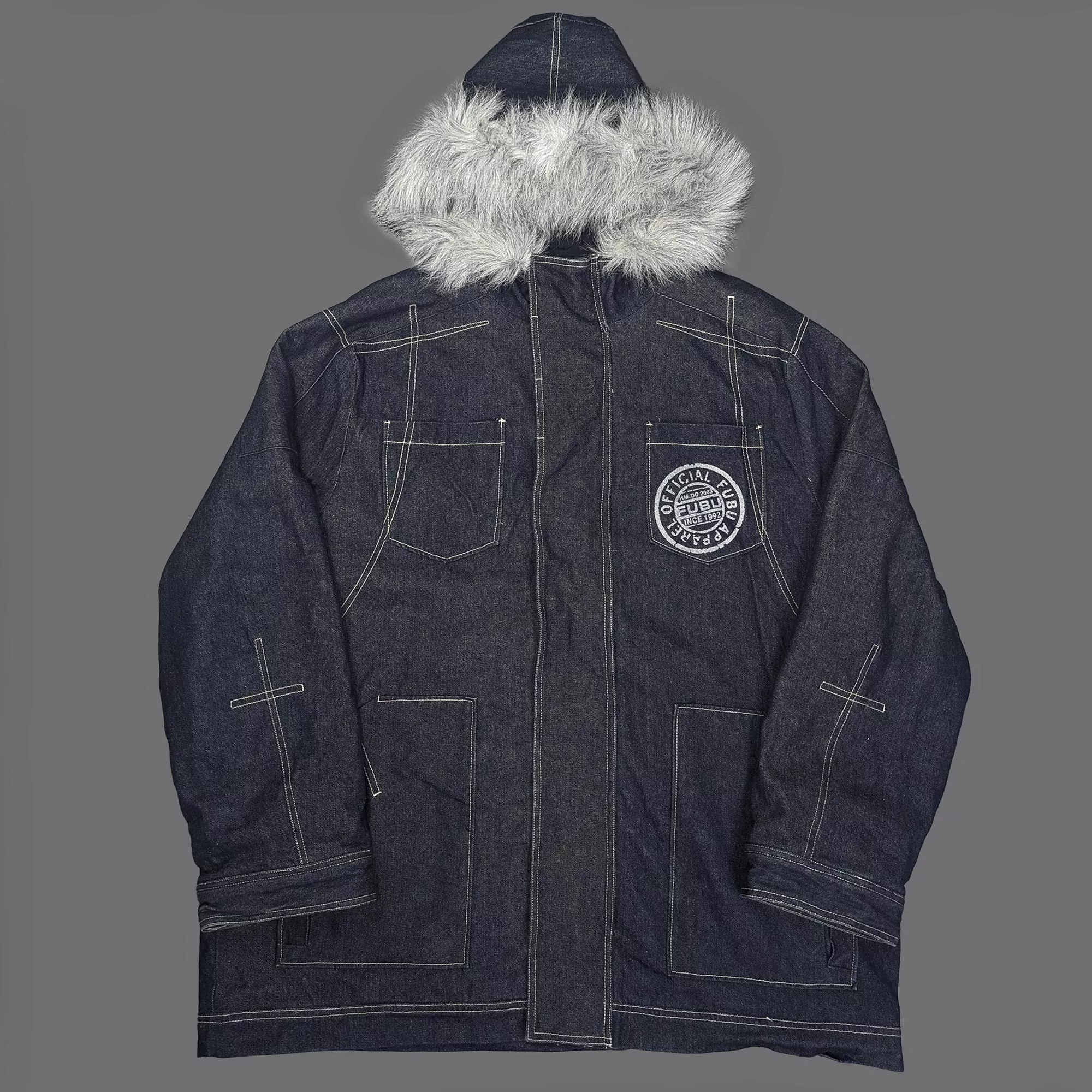 00's Vintage FUBU Denim Fur Hooded Jacket 丹寧毛毛連帽外套