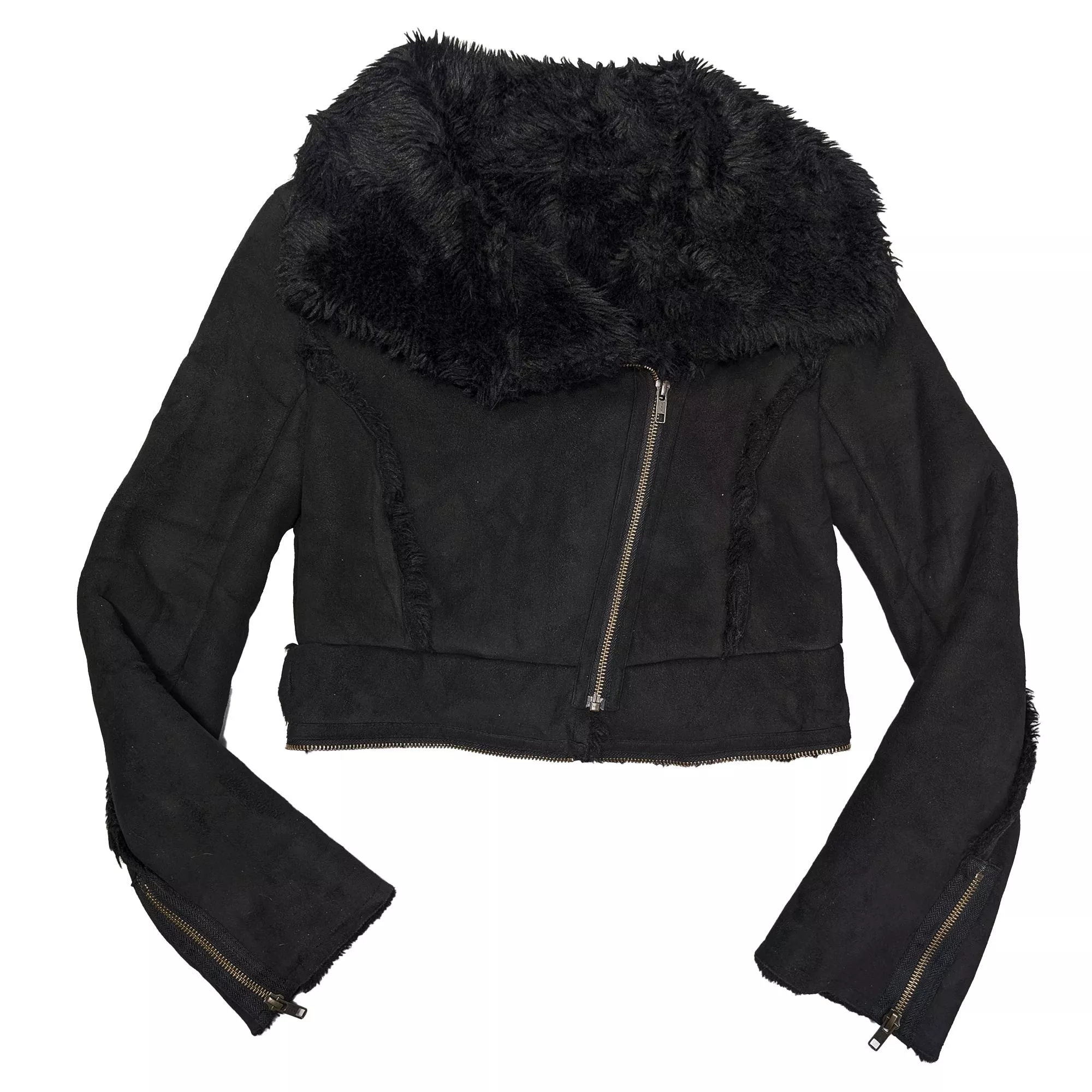 日本00's Y2k Black Faux Fur Collar Jacket 黑色毛絨領斜拉鍊外套