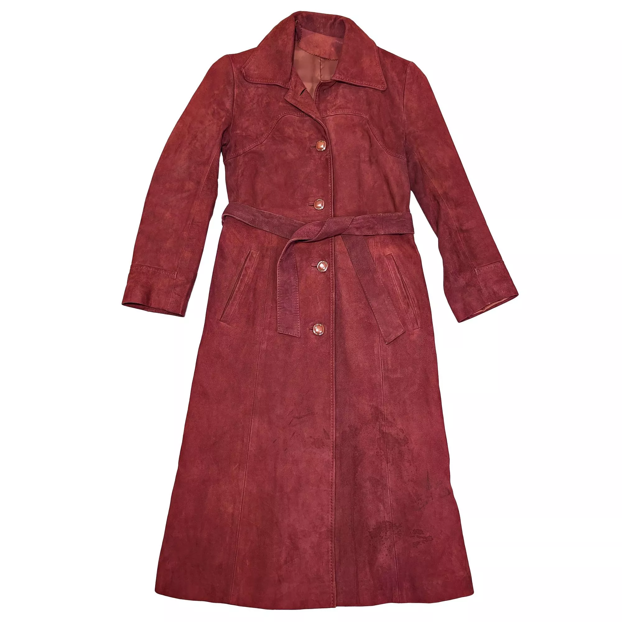 80's Vintage 日本酒紅色麂皮長版風衣 Wine Red Suede Long Trench Coat