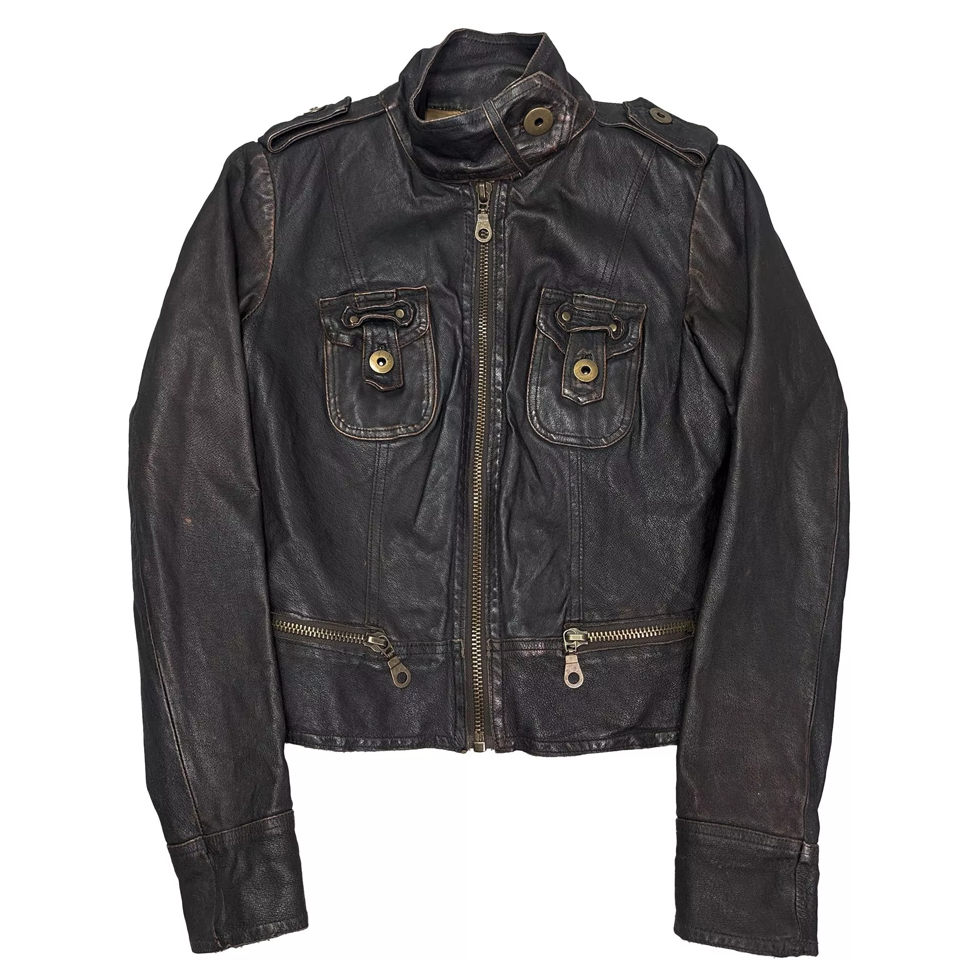 00's Y2K Japan Distressed Woman Leather Jacket 日本女版短版立領皮夾克