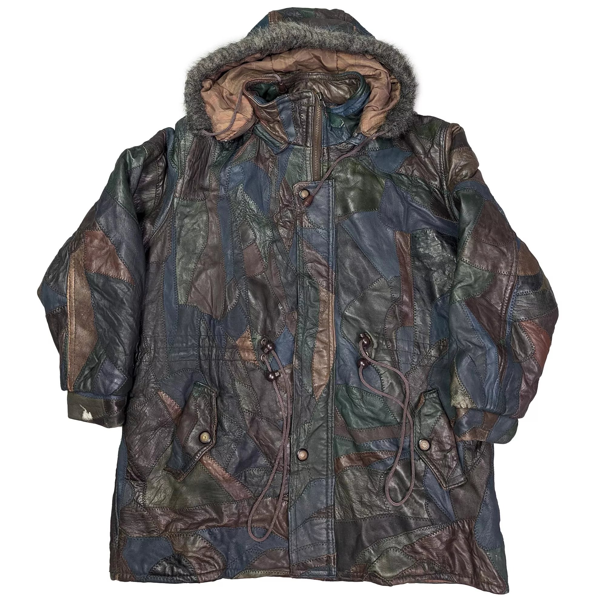 Vintage Patchwork Leather Hooded Jacket 皮革拼布皮外套