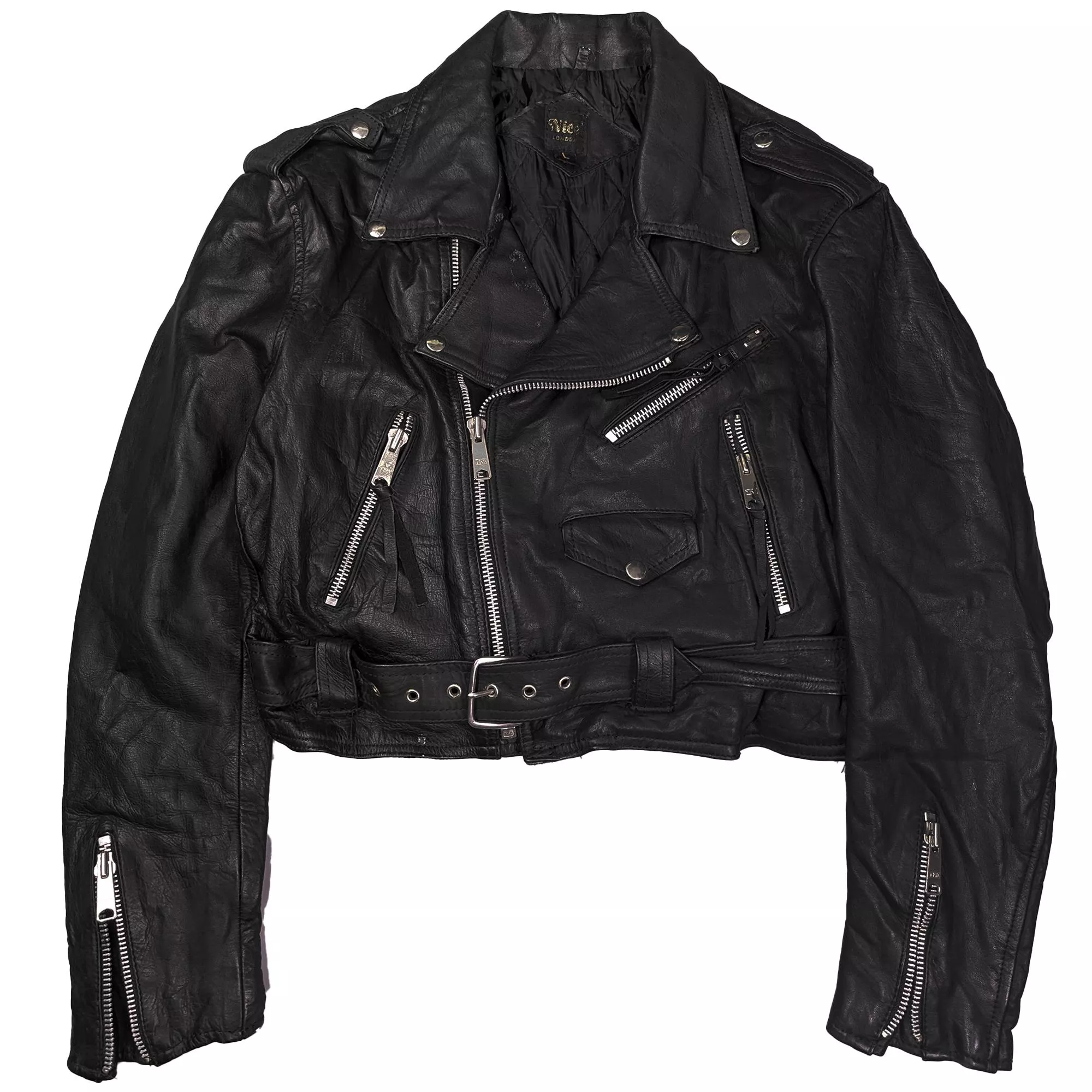 Vintage Black Leather Biker Jacke 超短版流蘇真皮騎士皮衣