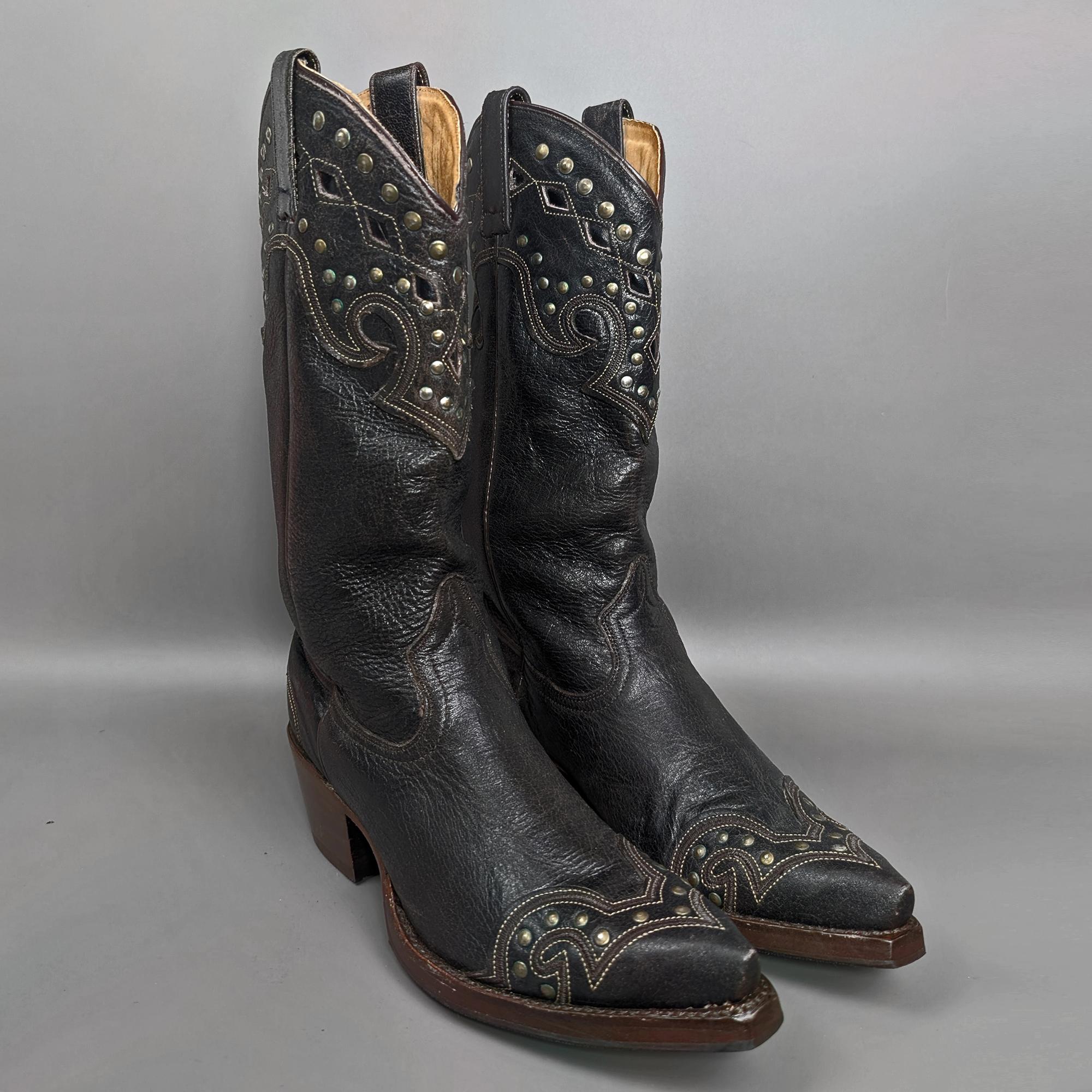 Vintage Women's Studded Leather Cowboy Boots鉚釘圖騰刺繡黑色皮革女西部牛仔靴
