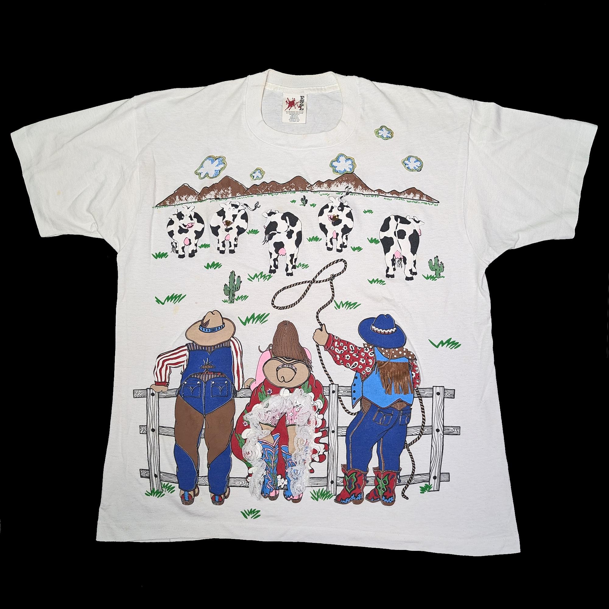 90s Vintage Western Cowboy Cow Print T-Shirt 美製牛仔乳牛蕾絲發泡印花短袖T