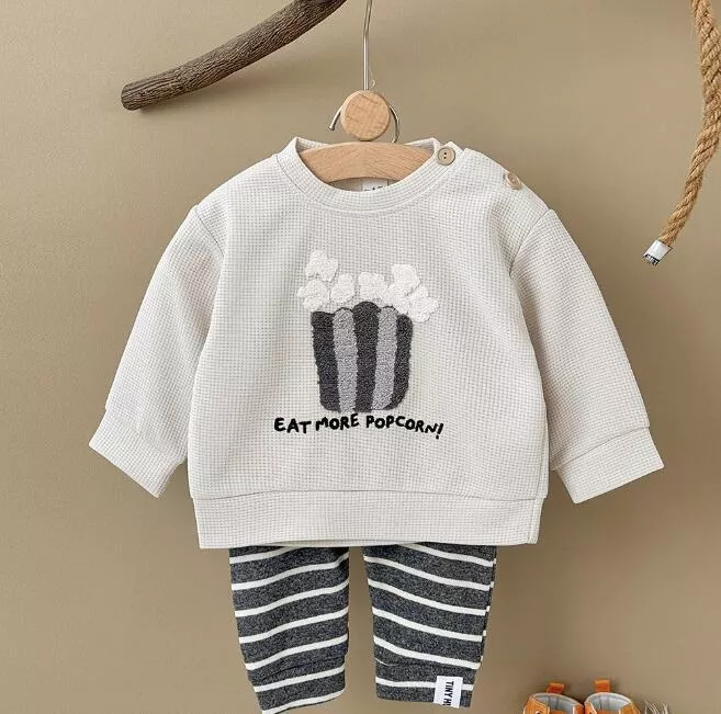 ၄၃┋JP#爆米花#兒童/小北鼻#長袖款#白米灰：衣褲套裝組(66/73/80/90/100)。