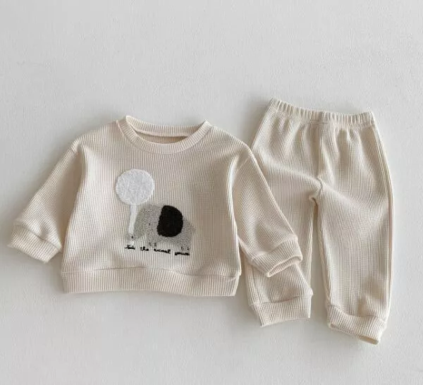 ၄၃┋JP#大象#兒童/小北鼻#長袖款#白米色：衣褲套裝組(73/80/90/100/110)。