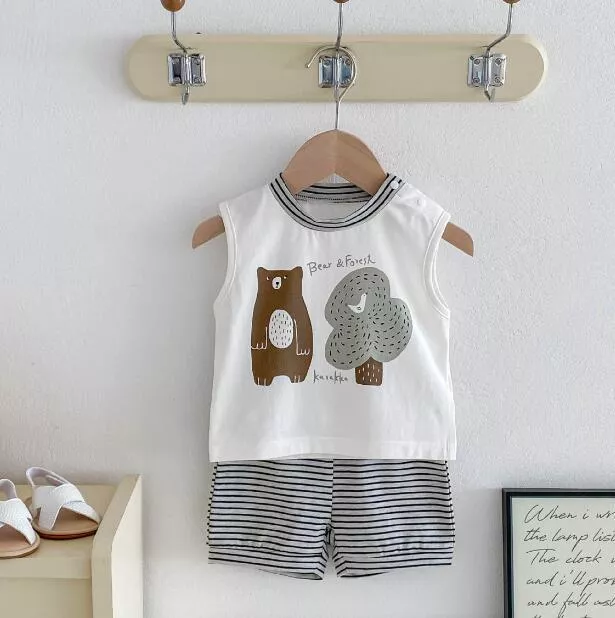 ၄၃┋JP#棕熊樹#兒童/小北鼻#無袖款#灰白色：衣褲套裝組(66/73/80/90/100)。