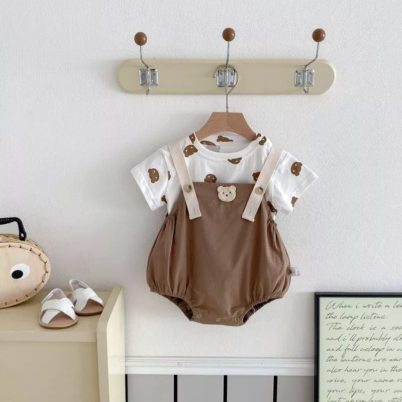 ၄၃┋JP#熊#兒童/小北鼻#短袖款#咖白色：兔裝包屁衣套裝組(66/73/80/90)。