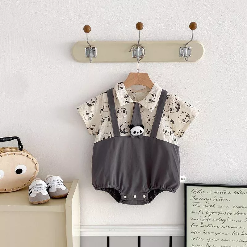 ၄၃┋JP#熊貓#兒童/小北鼻#短袖款#灰米色：兔裝包屁衣(66/73/80/90)。