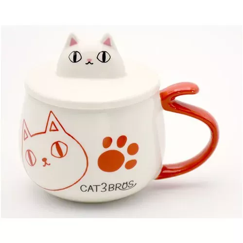 ၄၃┋JP#猫3兄弟#三毛猫#白紅色：陶瓷，杯蓋組(約7.2×8.5cm/蓋高約4.5cm)。