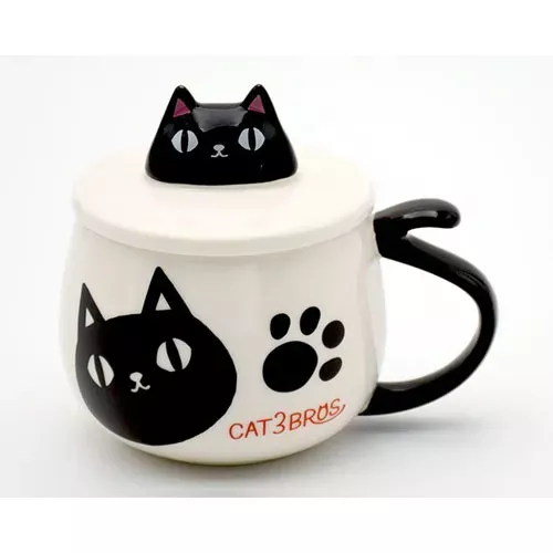 ၄၃┋JP#猫3兄弟#三毛猫#白黑色：陶瓷，杯蓋組(約7.2×8.5cm/蓋高約4.5cm)。
