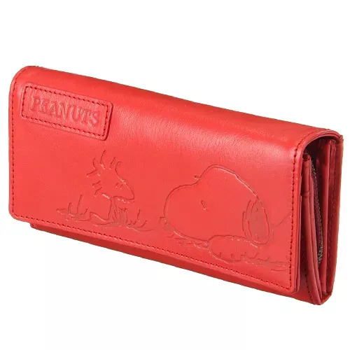 ၄၃┋JP#史努比#對視風#磚塊紅：牛革，皮夾長錢包(約9×19×4cm)。