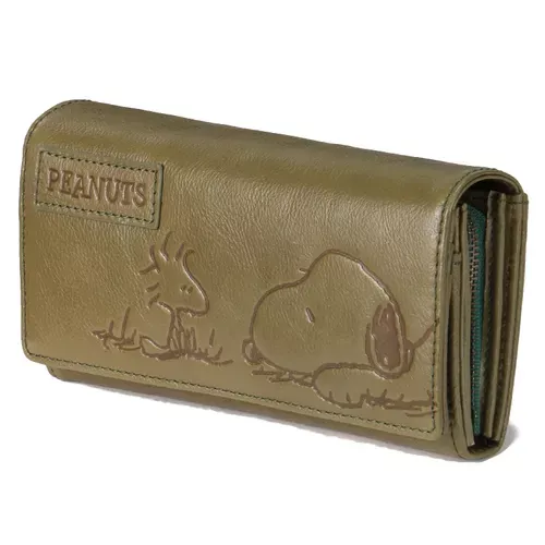 ၄၃┋JP#史努比#對視風#深抹綠：牛革，皮夾長錢包(約9×19×4cm)。