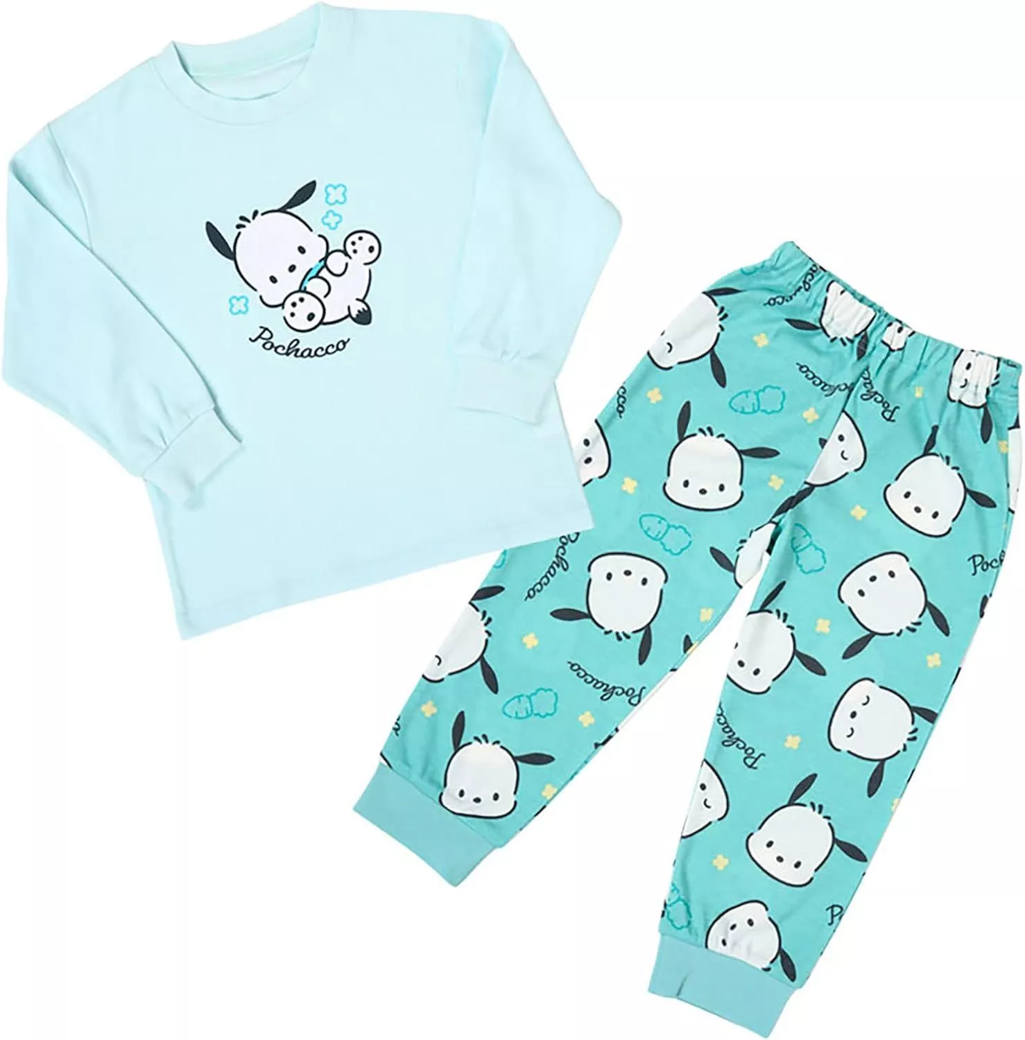 ၄၃┋JP#三麗鷗#帕恰狗#紅蘿蔔#兒童/小北鼻#睡衣#長袖款#藍綠色：衣褲套裝組(110/120/130/140)。