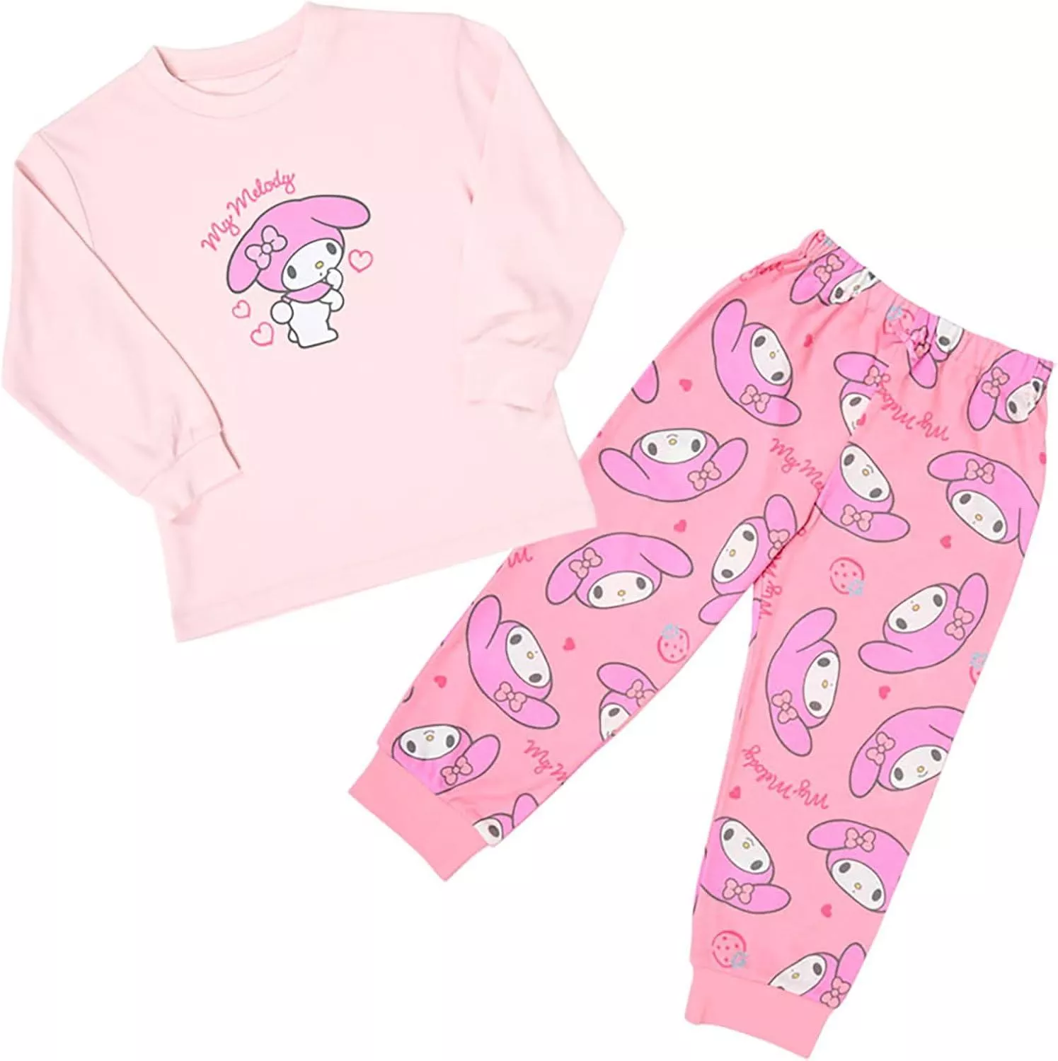 ၄၃┋JP#三麗鷗#美樂蒂#愛心#兒童/小北鼻#睡衣#長袖款#粉桃色：衣褲套裝組(100/110/120/130)。
