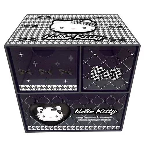 ၄၃┋JP#三麗鷗#凱蒂貓#格子蝶#抽屜式#黑白色：收納盒(約H147×W150×D118mm)。