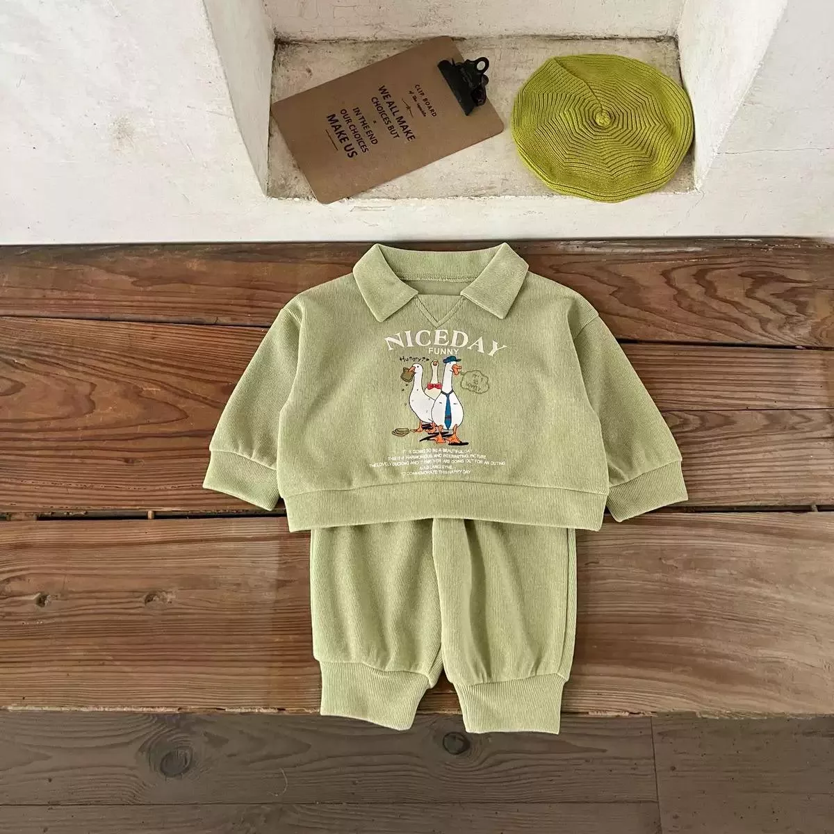 ☻｜JP#鵝#NICEDAY#兒童/小北鼻#長袖款#綠：衣褲套裝組(73/80/90/100/110/120)。