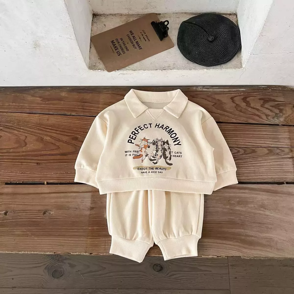 ☻｜JP#MEOW#兒童/小北鼻#長袖款#米：衣褲套裝組(73/80/90/100/110/120)。