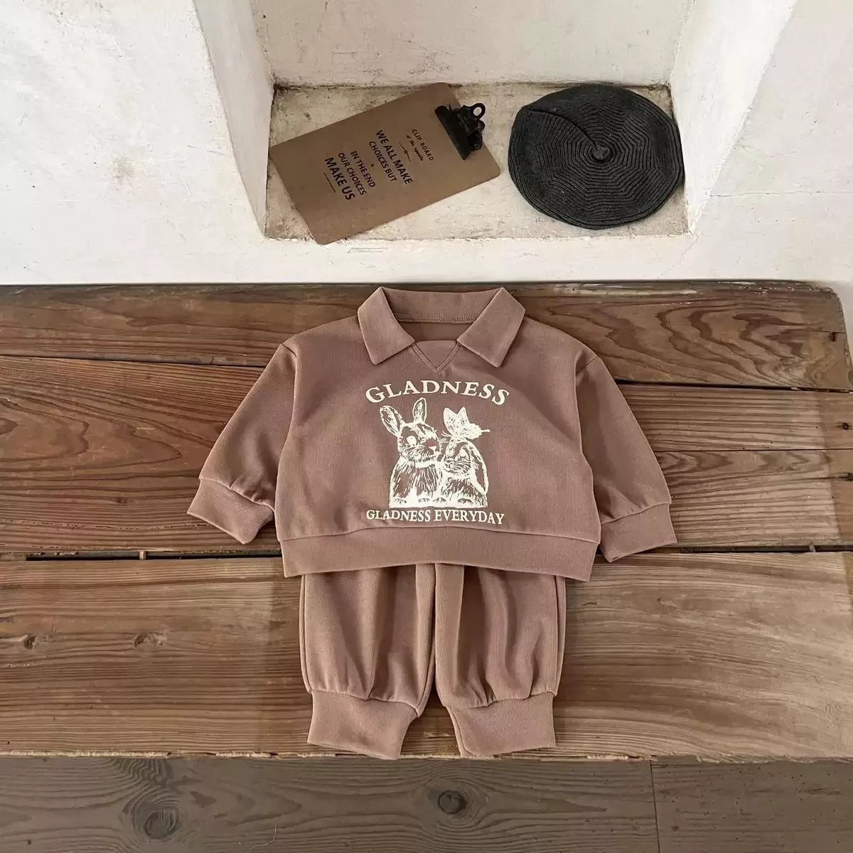 ☻｜JP#兔蝶#兒童/小北鼻#長袖款#咖：衣褲套裝組(73/80/90/100/110/120)。