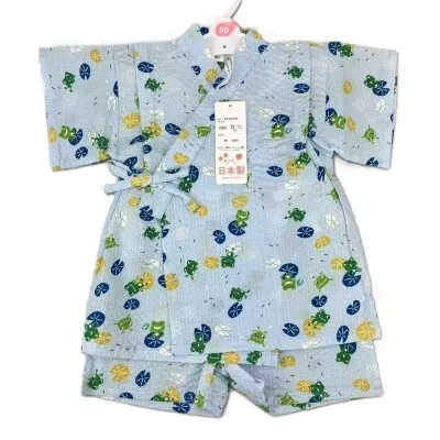 ☻｜JP#荷葉蛙#兒童/小北鼻#和服/甚平/浴衣#短袖款#藍：衣褲套裝組(90/95)。