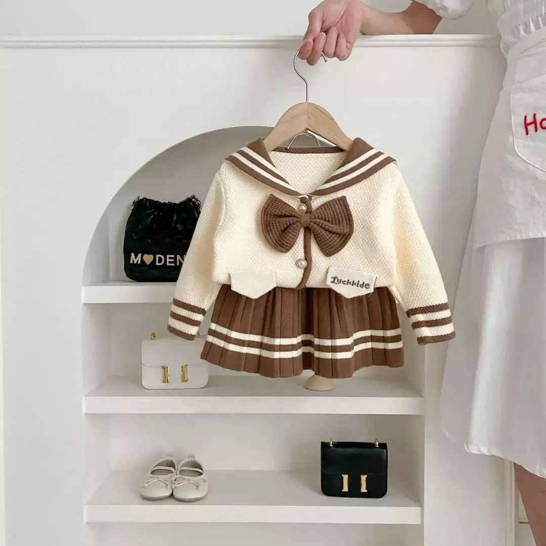 ☻｜JP#制服風#兒童/小北鼻#長袖款#米咖色：衣裙套裝組(90/100/110/120/130)。