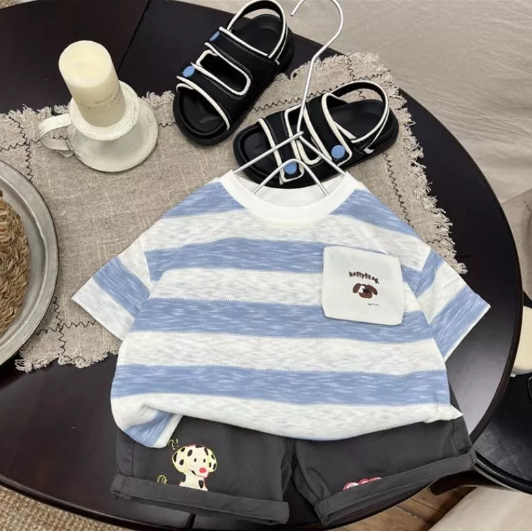 ☻｜JP#條文狗#兒童/小北鼻#男孩#短袖款#藍白灰：衣褲套裝組(80/90/100/110/120/130)。