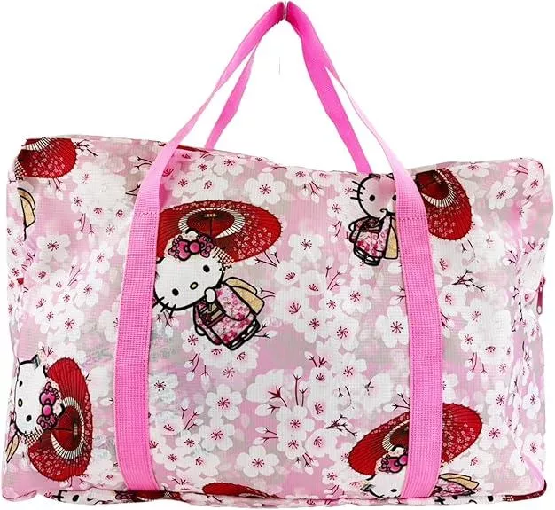 ☻｜JP#三麗鷗#凱蒂貓#和櫻花#粉：行旅/手提肩背包兩件組(約44×30×13cm收納時17×19cm)。