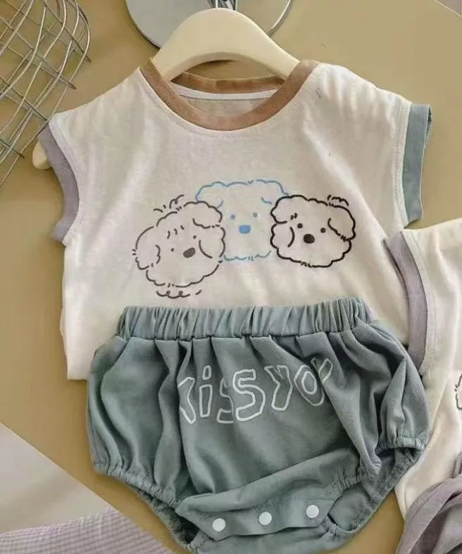 ☻｜JP#三朵狗/KISSYOU#兒童/小北鼻#男孩/女孩#短袖款#復古風#綠：衣褲套裝組(73/80/90/100)。