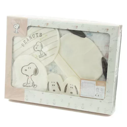 ☻｜JP#史努比#兒童/小北鼻#米黑色：新生兒套裝組(內容-帽子+圍兜兜+手套+搖鈴+包巾)。