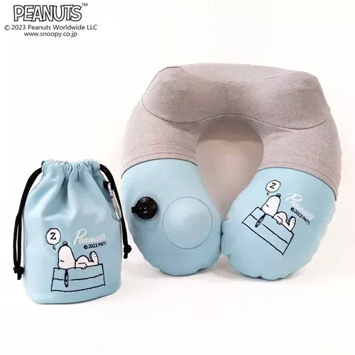 ☻｜JP#史努比#睡覺#灰藍色：氣頸枕(約30.5×30×12cm/收納時17×8.5×8cm)。