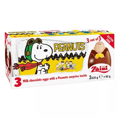 ☻｜JP#健達#史努比#食品/零食#巧克力風味：出奇蛋四盒組(約4.5×14.5×6.5cm)。