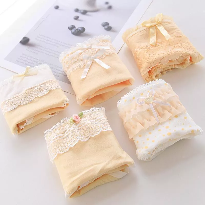 ܤ｜JP#荷葉絲#成人/女生#橘白色：內褲五件組(L/XL)。