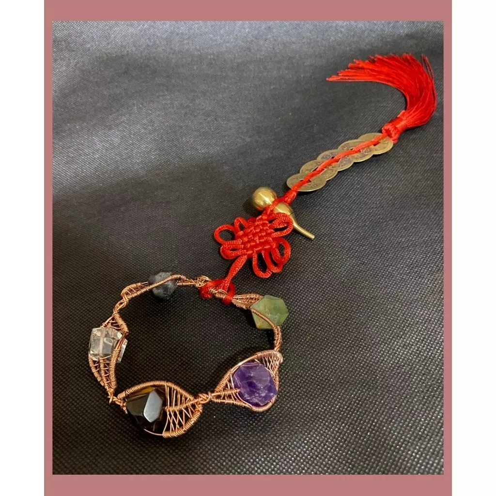 miaho 黃銅葫蘆 五帝錢 手工編織五行水晶 居家掛飾