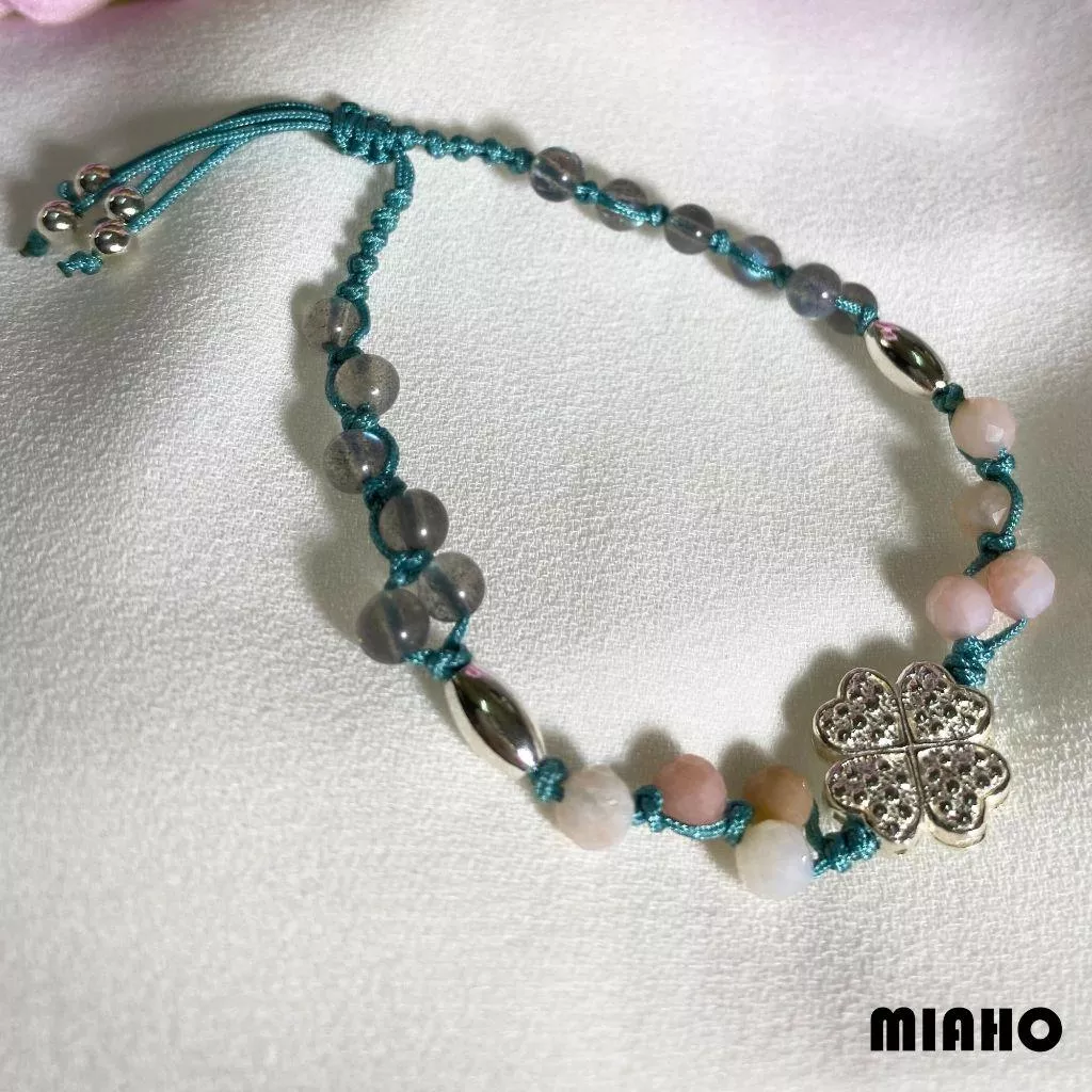 miaho 拉長石粉澳寶幸運草純銀手鍊 手工編織 A5