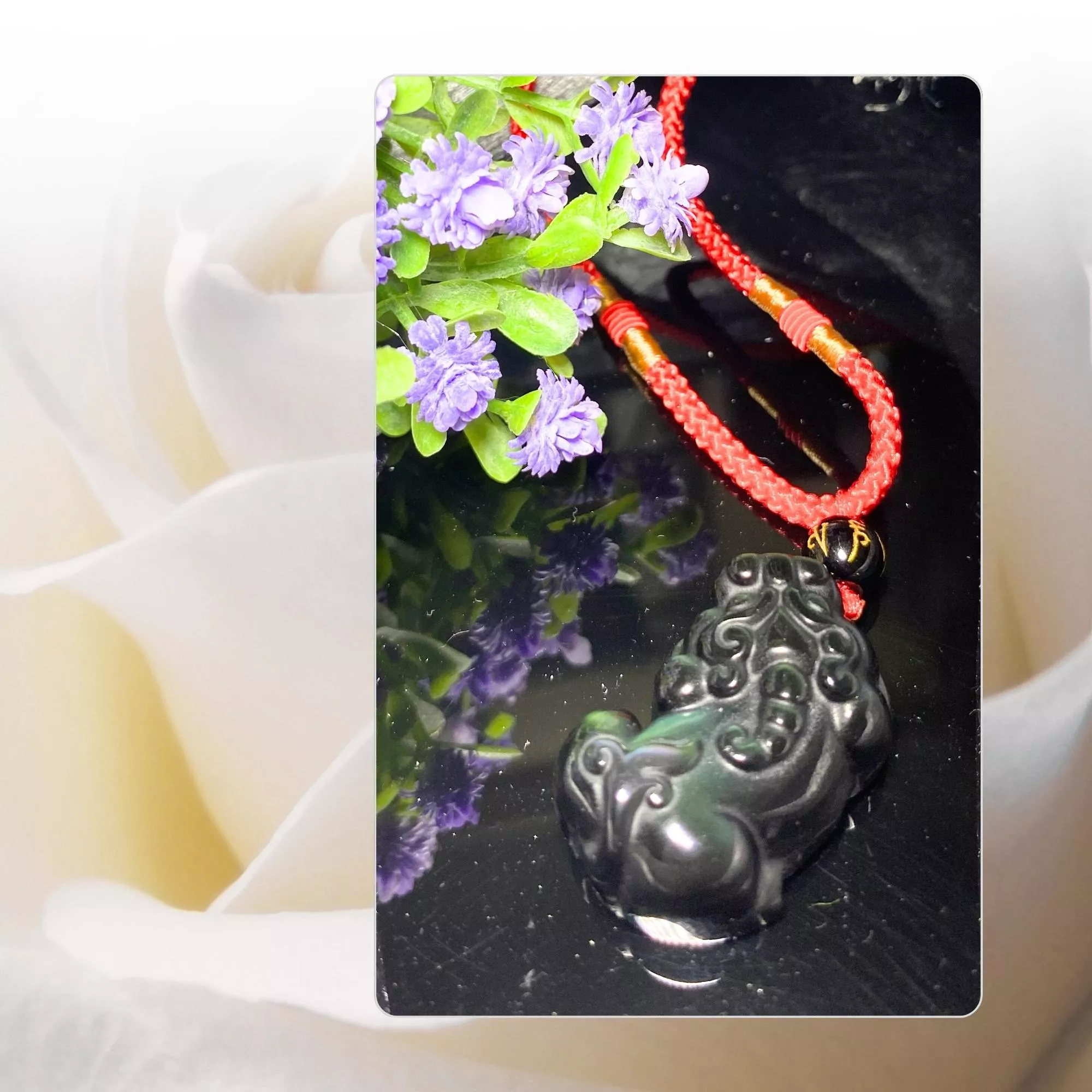 黑曜石綠眼貔貅紅繩項鍊  33×20×13mm  現貨實品拍攝 S1