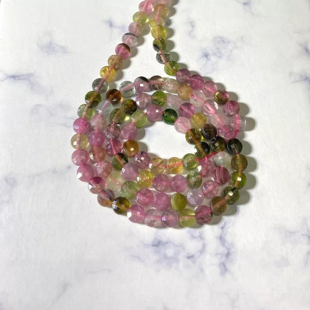 4*2 mm 碧璽 扁圓珠串珠 圓餅珠 扁圓切面珠 切面圓餅條珠 半成品 單條隨機